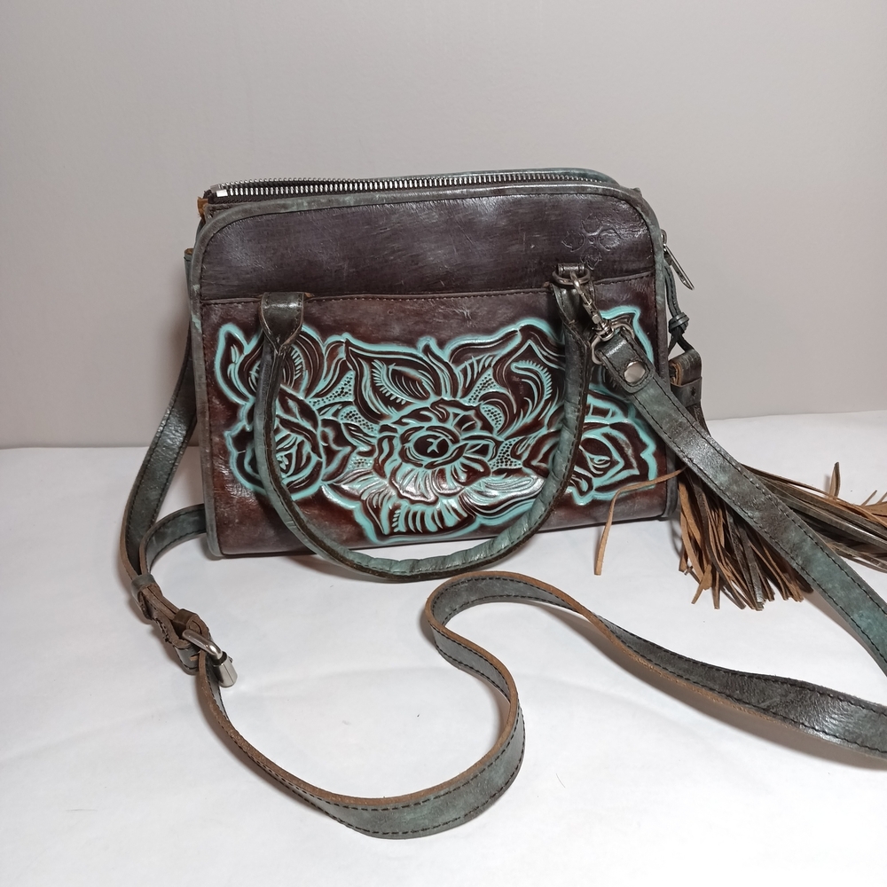 Patricia Nash Paris Satchel Tooled Turquoise Brown Leather Handbag Small